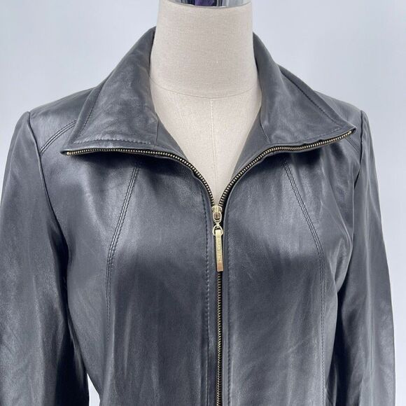 Ellen Tracy Women's Soft Black Leather Jacket Medium Long Full Zip - Picture 2 of 6
